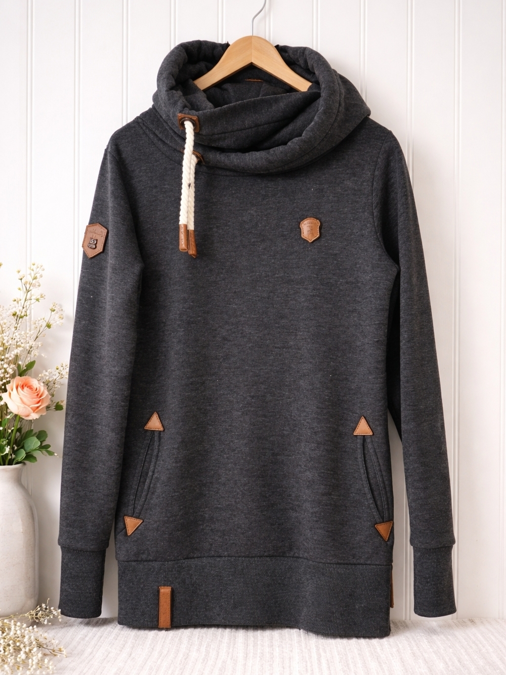 Naketano Charcoal Funnel Cowl Neck Sweater with Tan Accents